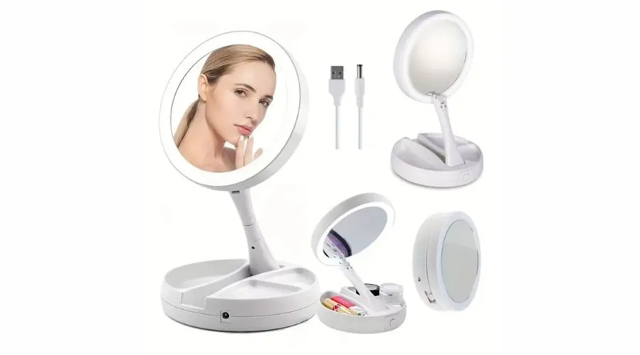 1pc Foldable Makeup Mirror With Led Light Storage Box Organizer