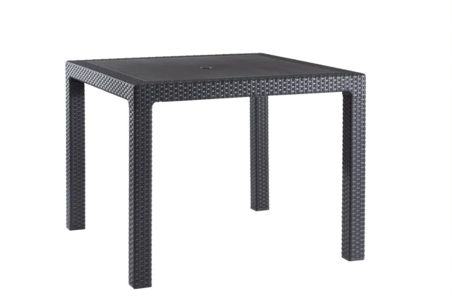 Square Quartet Garden Dining Table with Wood Texture and Gray Rattan