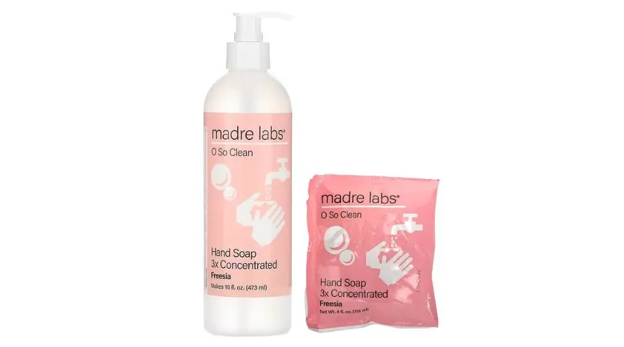 Madre Labs Hand Soap, 3x Concentrate, Freesia, 1 Pouch + Reusable Bottle