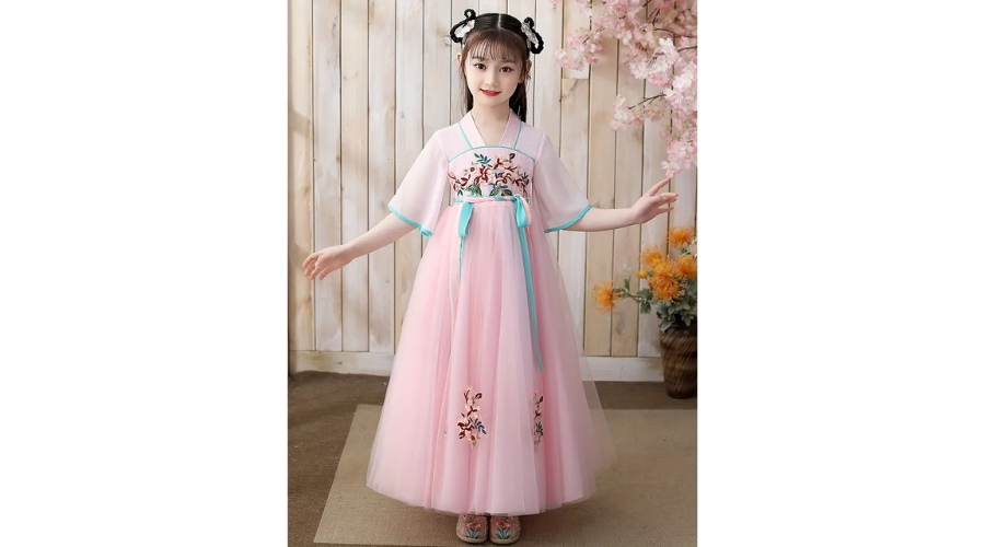 Elegant Girl’s Pink Princes Dress with Floral Embroidery 