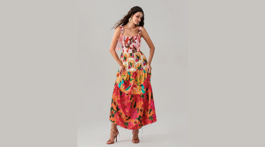 Elegant Tropical Floral Print Long Dress