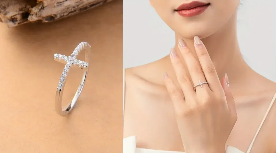 Vintage Bohemian Style Silver Plated Cross Ring with Zirconia for Women