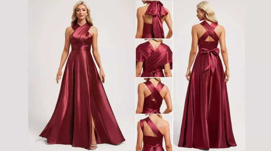 A-Line One Shoulder V-Neck Halter Floor-Length Stretch Satin Bridesmaid Dress
