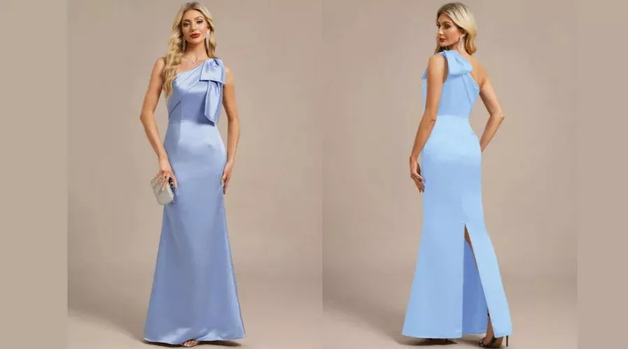 Sheath One Shoulder Floor-Length Satin Evening Dress With Bow and Pleated Detail