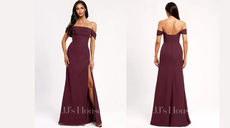 A-Line Off the Shoulder Floor-Length Chiffon Bridesmaid Dress With Ruffle