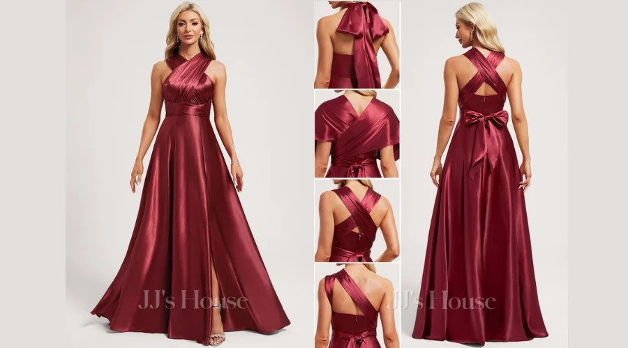 A-Line One Shoulder V-Neck Halter Floor-Length Stretch Satin Bridesmaid Dress