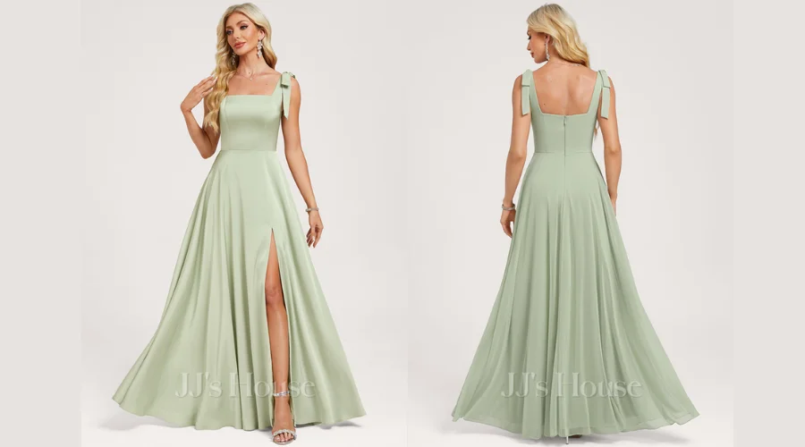 A-Line Square Floor-Length Satin Bridesmaid Dress With Bow