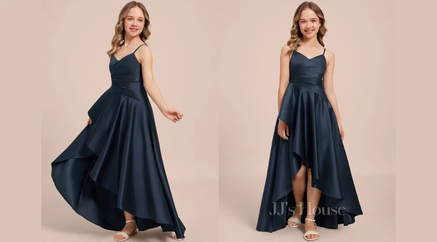 A-line V-Neck Asymmetrical Satin Junior Bridesmaid Dress