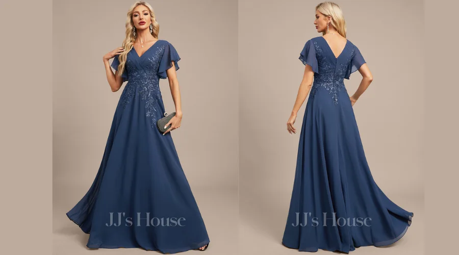 A-line V-Neck Floor-Length Lace Chiffon Mother of the Bride Dress With Pleated Sequins