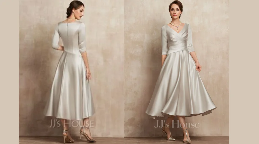 A-line V-Neck Tea-Length Satin Mother of the Bride Dress With Pleated Detail