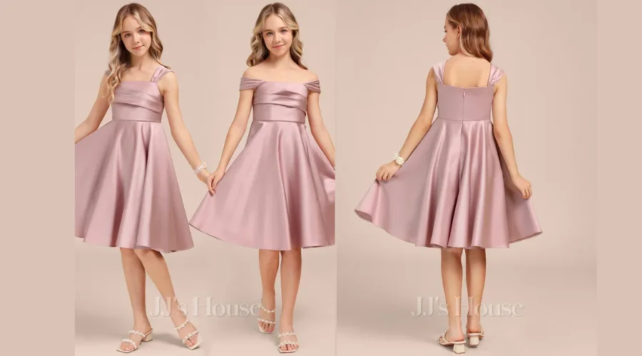 Ball-GownPrincess Off the Shoulder Square Knee-Length Satin Junior Bridesmaid Dress