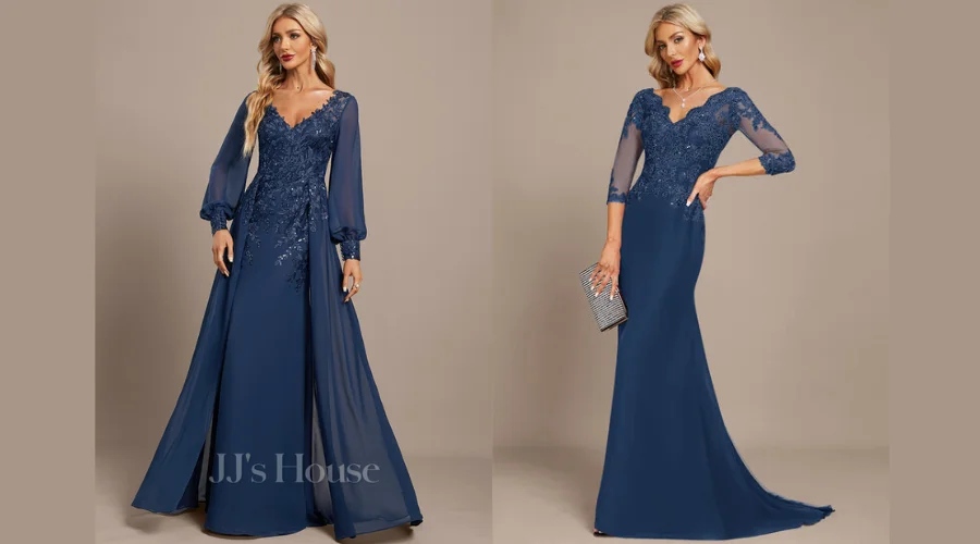 Trumpet V-Neck Floor-Length Lace Sequin Chiffon Mother of the Bride Dress With Overskirt